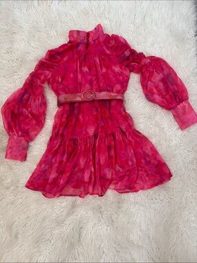 Women's Fuchsia Tie-Dye Mini Dress with Balloon Sleeves